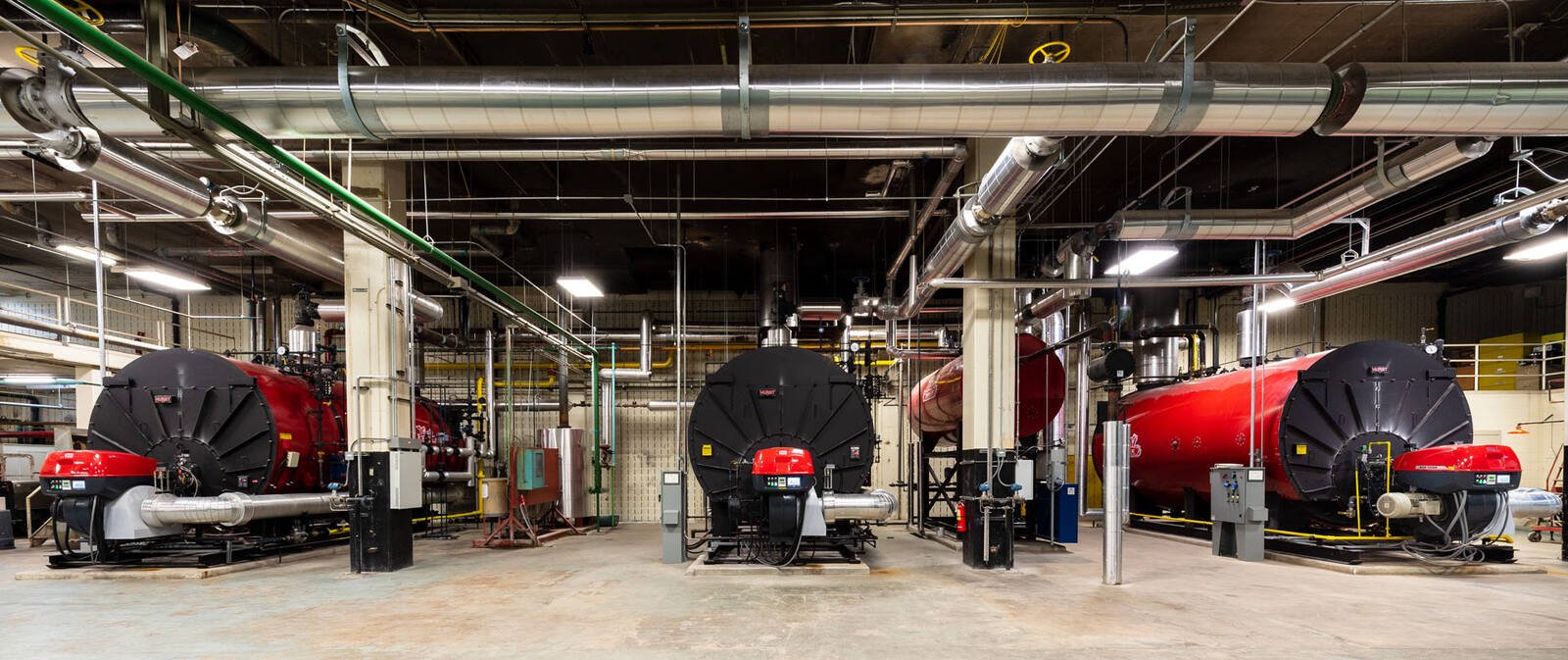 Commercial boiler room with mechanical systems